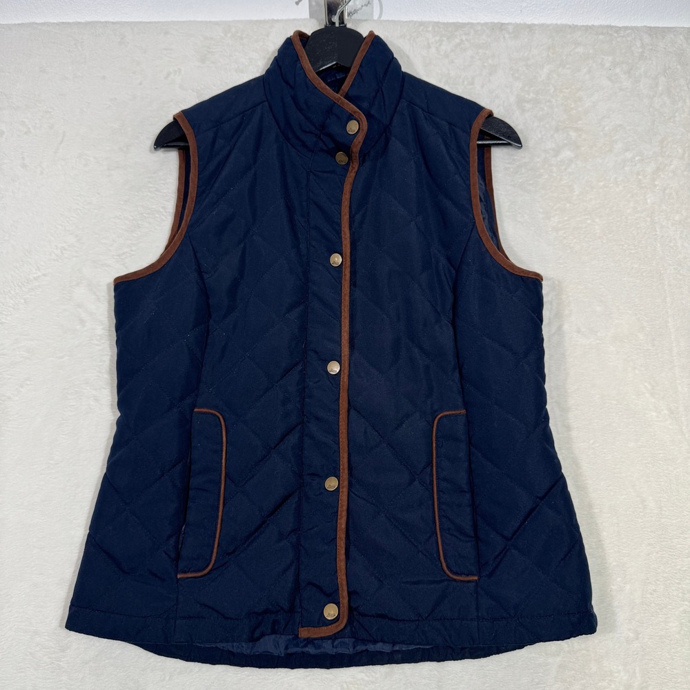 G.H. Bass Quilted Vest Womens Medium Navy Blue Diamond Stitch Snap Front Brown
